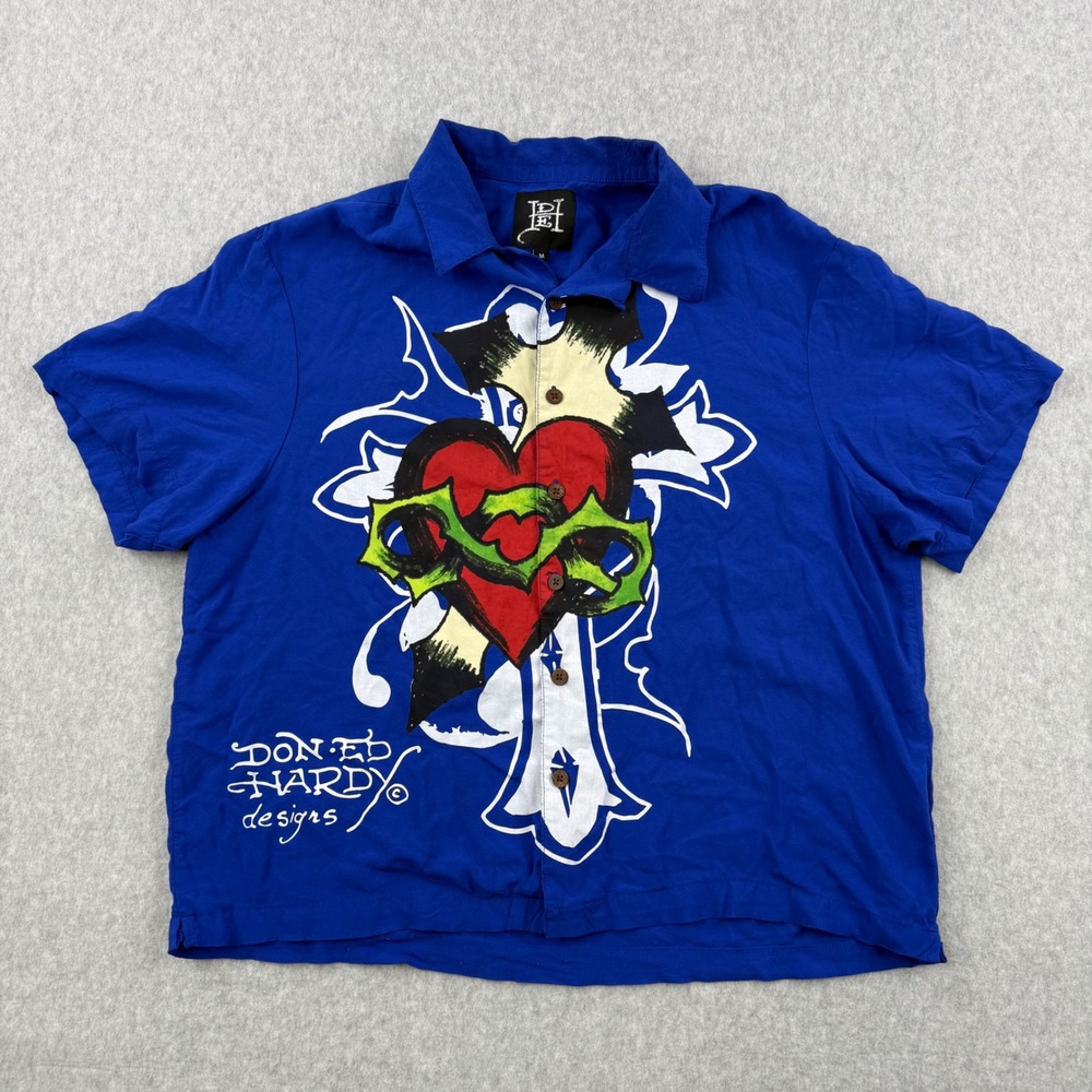 Ed Hardy Shirt Mens Medium Blue Tattoo Heart‎ Snake Loop Collar Y2K Viscose
